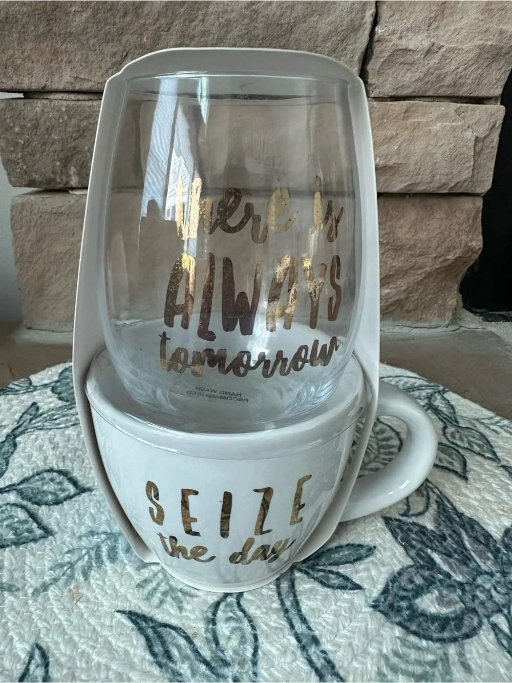White Ceramic Mug & Glass Set with Gold Lettering - NWT